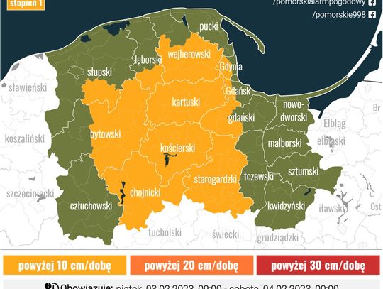 Pomorski Alarm Pogodowy ostrzega: może spaść ponad 10 centymetrów śniegu