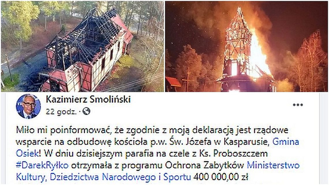 Ministerstwo kultury przekaże 400 tys. zł na odbudowę spalonego kościoła w Kasparusie
