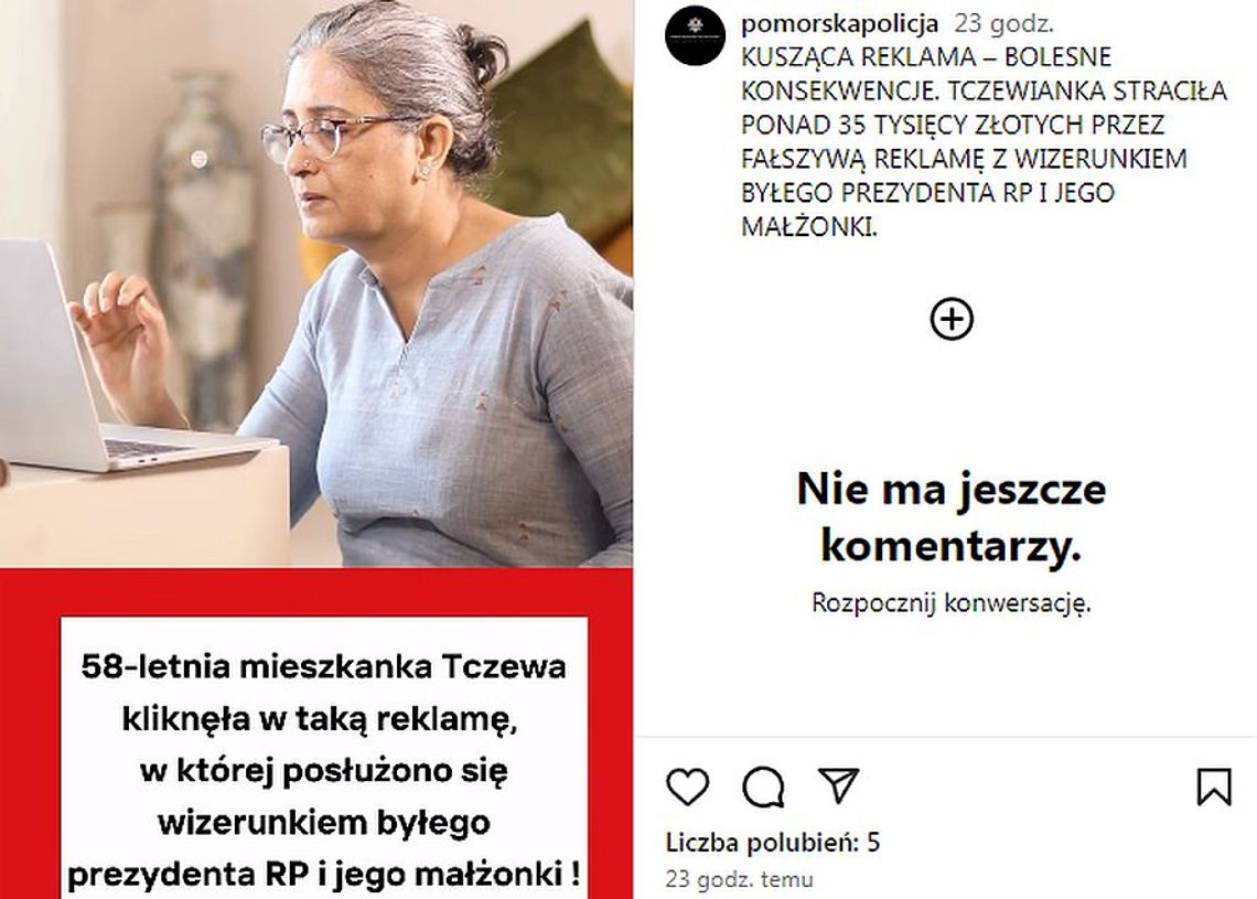 Seniorka z Tczewa zaufała reklamie z wizerunkiem pierwszej damy. Skutek – utrata dużej sumy pieniędzy